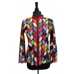 NEW BELGIN FRANCIS women's classic leaf design leather jacket in multicolor